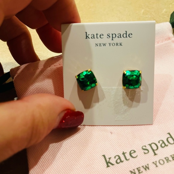 Kate Spade NWT Emerald green glitter pierced earrings - Picture 2 of 3